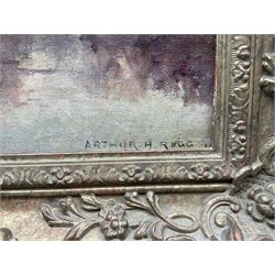 Arthur Herbert Rigg (British c.1859-1915): Autumn River Landscape, oil on canvas signed 29cm x 39cm 
Notes: Arthur was the eldest brother of Staithes Group member Ernest Higgins Rigg (1868-1947). The pair were two of six children of Mary Ann Higgins (1834-1910) and Matthew Christian Rigg (1831-1896), alongside Edith (1861-1900), John Albert (1864-1912), William Darnley (1866-1953), and Alfred Edward (1870-1919).