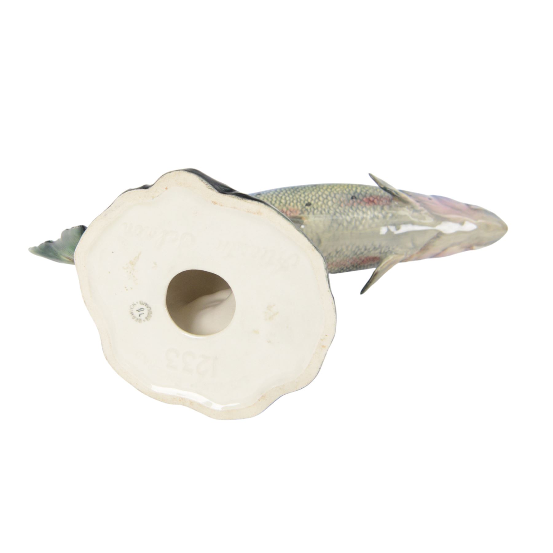 Beswick, four fish figures, comprising Large mouthed Black Bess 1266, Perch 1875, Atlantic Salmon 1233 and Rainbow Trout 1246