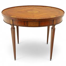 Aldam Heaton & Co (fl.1878-97) - late 19th century Sheraton revival style satinwood inlaid oval centre table, raised inlaid edge, centre with finely executed large central  inlaid medallion, surrounded by ribbon tied swags interspaced with medallions, frieze with rectangular symmetrical panels of foliate sprays of acanthus leaves, raised on four square section tapering legs with cavetti shaped shoulders with stringing on brass bulb feet, underside with bone plaque signed Aldam Heaton & Co, Baker St, London