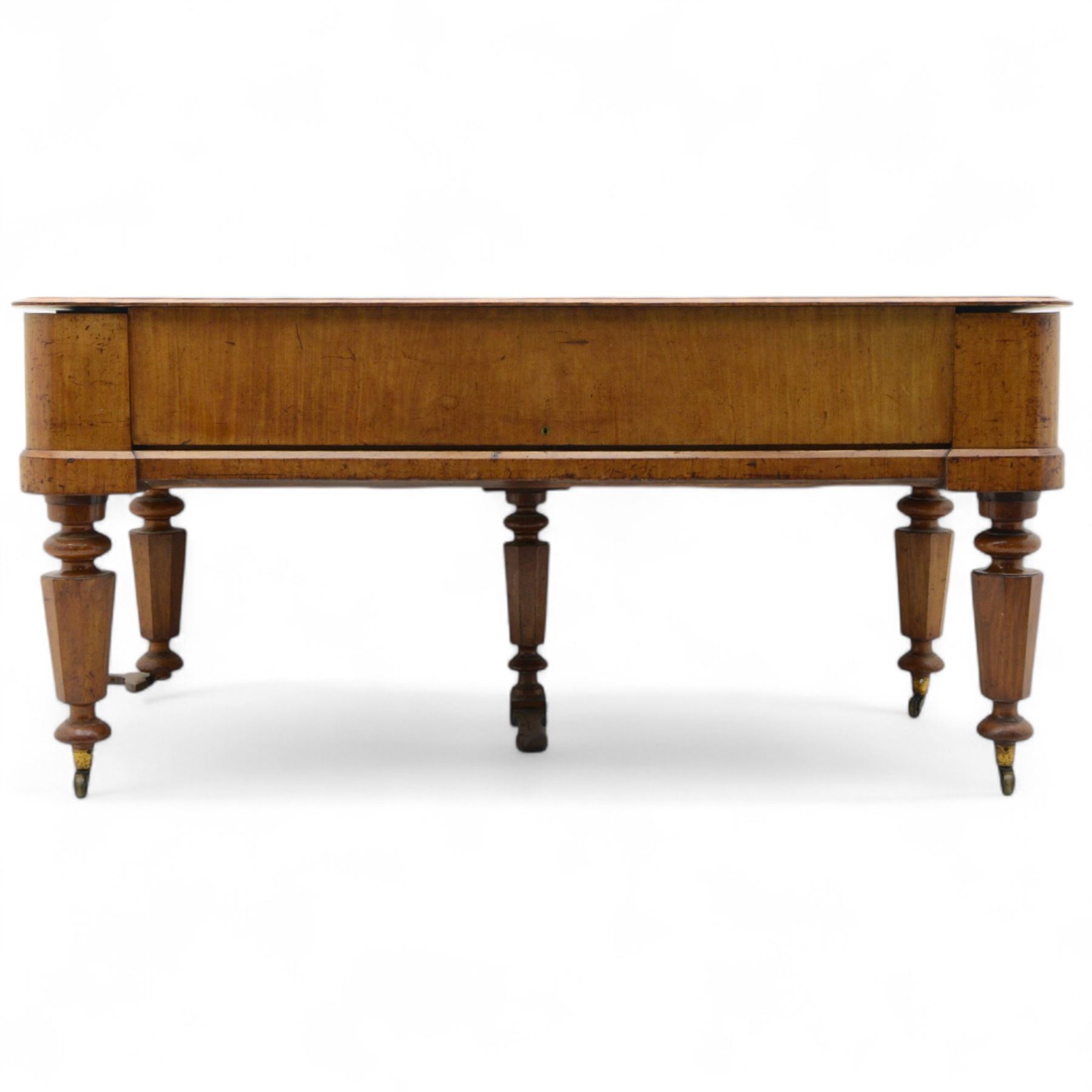 John Broadwood & Sons- Mid-19th century square piano in a light mahogany case serial No 57168 (1840), with four taper turned legs on castors and conforming sustaining pedal, with a 6 octave compass F1-G6 with 63 ivory and ebony keys, makers name with brass inlay and silk backed fretwork above the keys, recently restored action with new hammer heads, damper felts and strings, bi-strung with a steel brace and metal hitch pin plate with faux marbled decoration. 
This item has been registered for sale under section 10 of the APHA Ivory Act, Reference BS3HW755