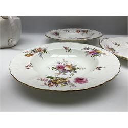Royal Crown Derby Posies pattern tea service for six, comprising teapot, milk jug, open sucrier, cups and saucers, dessert plates and cake plate, together with matching pattern plates and bowls (28) 