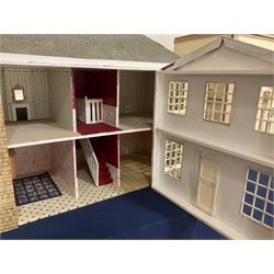 Modern scratch-built Palladian style wooden dolls  house as a 19th century double fronted two-storey property with simulated brick and stone walls under a removable simulated slate hipped roof; the triple hinged front elevation opening to reveal six rooms with central hall, stairs and landing L94cm H56cm D40cm