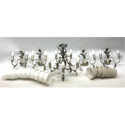 Five branched chandelier with leaf and droplets detail H39cm, along with four two branched wall lights with matching detail H28cm, with fourteen white pleated lampshades