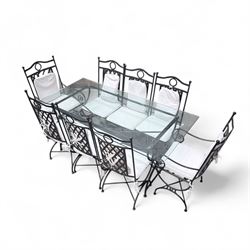 Wrought steel rectangular conservatory dining table, with glass top; and six, four side an...