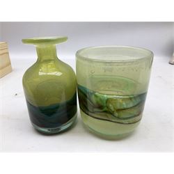 Mdina sea and sand glass vase, of cylindrical form, decorated in green, turquoise and brown, and matching vase, both unmarked together with a glass bowl and jug with gilt decoration 