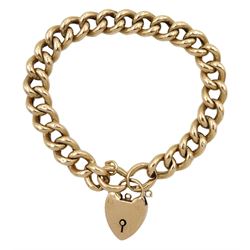 Gold curb link bracelet with heart padlock clasp, stamped 9ct  