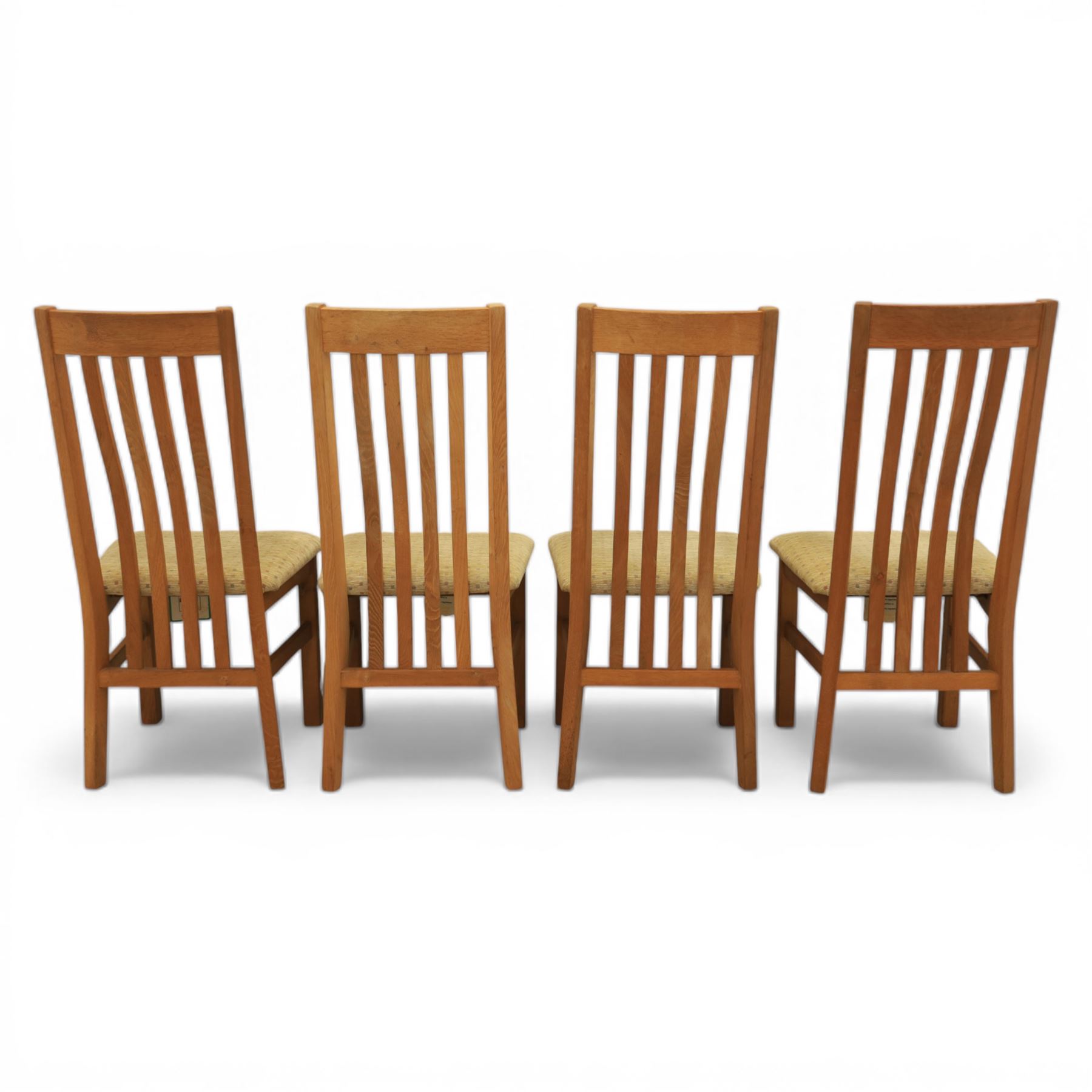 Contemporary square light oak extending dining table, and set of four chairs, table extends to 180cm