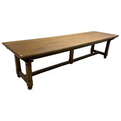 Large 19th century oak ecclesiastical refectory table, the moulded rectangular top on square supports joined by H stretchers with central upright support