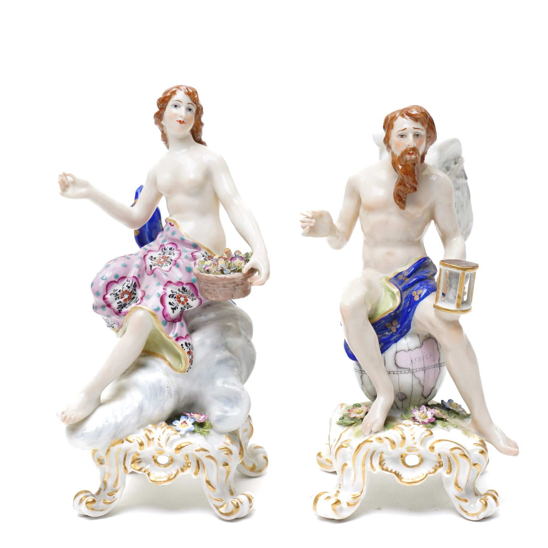 *18th century Chelsea porcelain vase, c1756-1759, with moulded floral decoration, with reserve panels of birds, gold anchor mark to base, H21cm; together with a pair of Sampson figures in Chelsea style, modelled as two female figures holding a peacock and corn, H22, and one further pair of Sampson figures, H17cm (5)From the Kirkham Hall Attic & Cellar Collection, sold without reserve