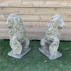 Pair of cast stone seated lions, looking left and right - THIS LOT IS TO BE COLLECTED BY APPOINTMENT FROM DUGGLEBY STORAGE, GREAT HILL, EASTFIELD, SCARBOROUGH, YO11 3TX