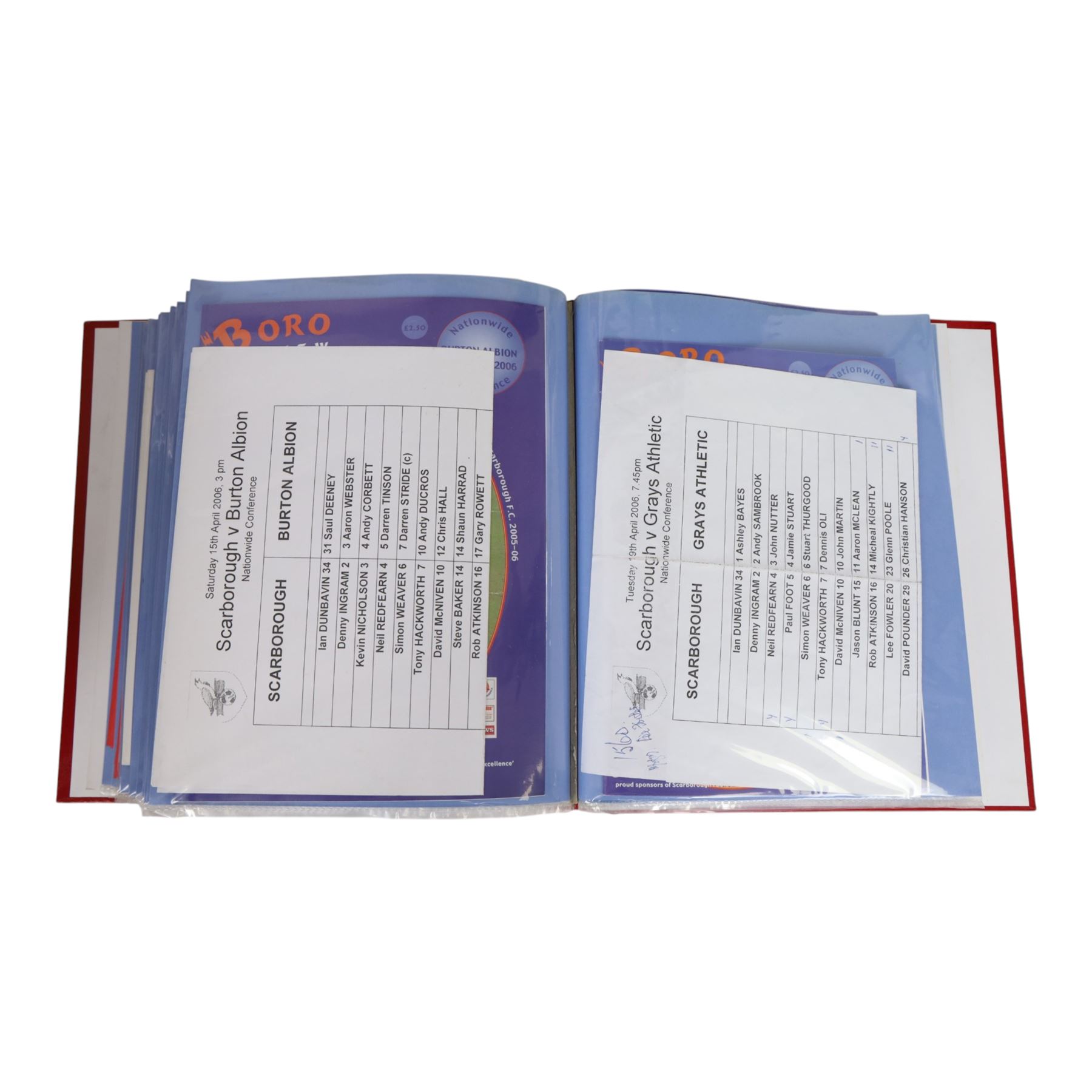 Comprehensive collection of approximately two hundred and thirty Scarborough FC football programmes for the 2003/04, 2004/05, 2005/06 and 2006/07 seasons, all filed within eight dedicated Scarborough FC red Home and Away binders