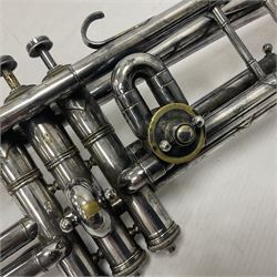 Victorian Class A silver plated trumpet retailed by Kitchen & Co,29 Queen Victoria Street Leeds, 1897 with mouthpiece/slide and in its original felt lined box
