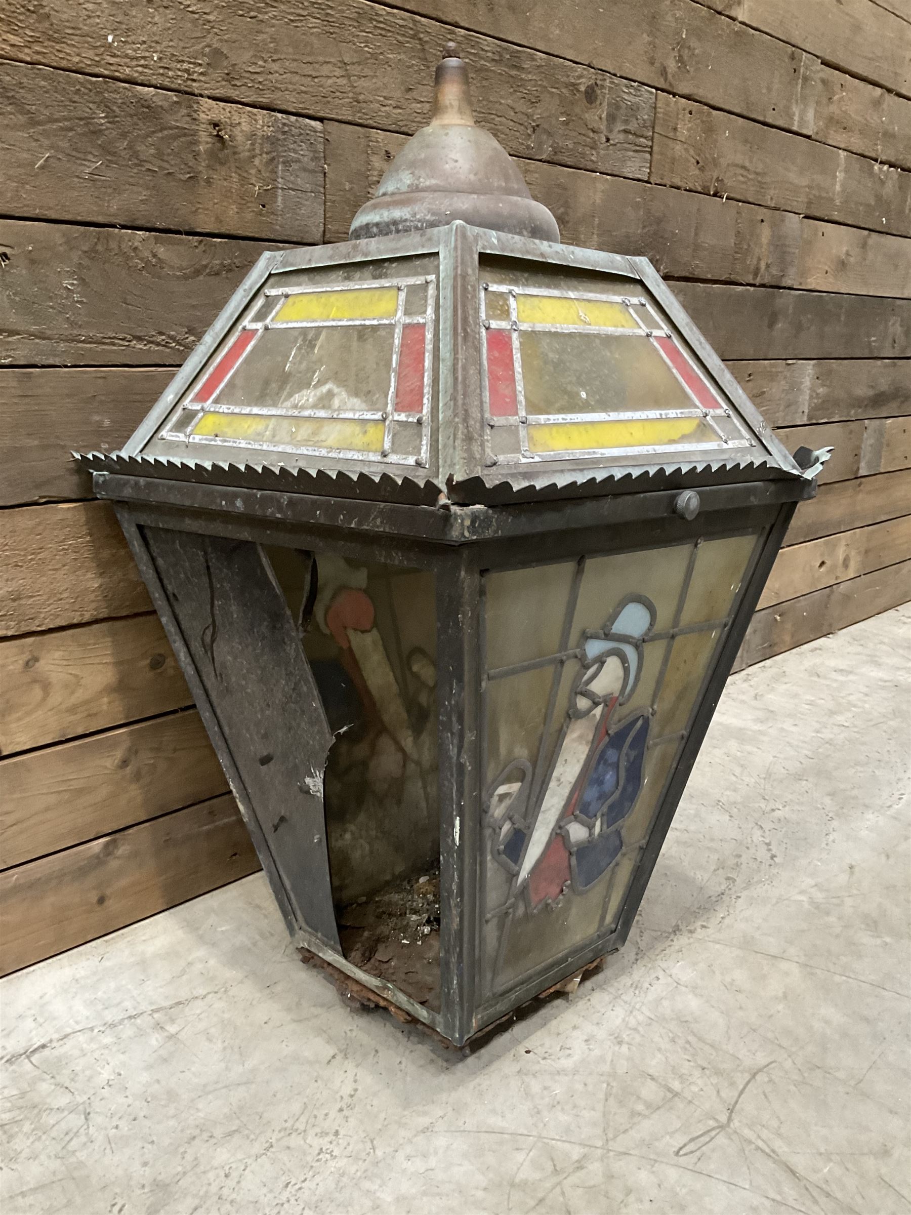 William Younger copper pub advertising lantern with stained glass panels, H75cm