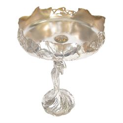 WMF figural centre piece the pedestal in the form of a woman, holding flower bud, the bowl decorate with vine leaves and berries, mark stamped to base, H38cm