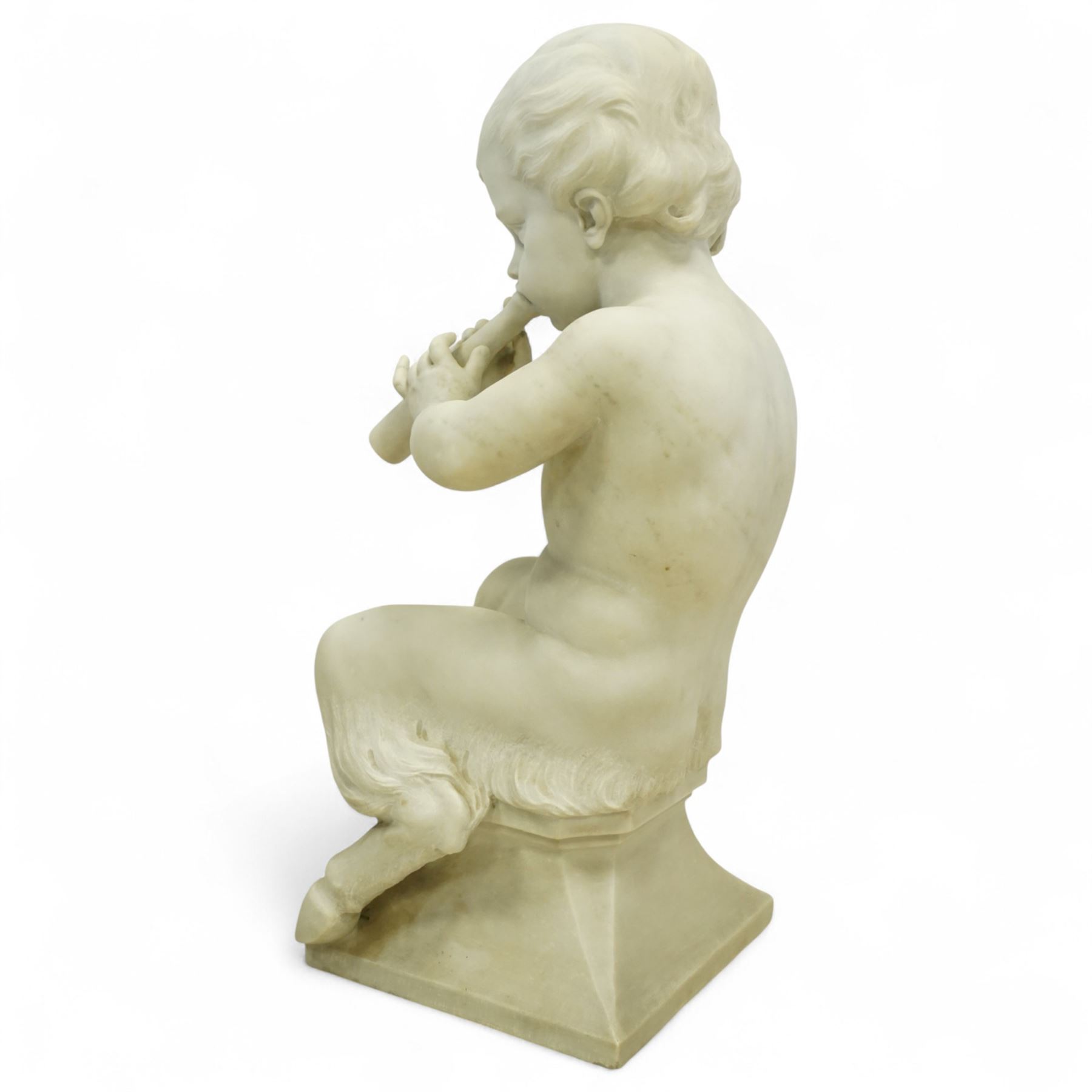 Follower of Claude Michel Clodion (French 1738-1814): The Putti-Faun Orchestra - set of four Italian carved white marble figures of child satyrs as musicians, each finely carved figure depicting a seated putto-faun with youthful features and small goat’s legs and cloven feet, variously playing rustic instruments: a syrinx (Panpipes), a flute, a tambourine and clappers - each raised on an integral waisted square plinth, Italian, circa 1900

Provenance: Kirkham Hall

Notes: Inspired by the rustic god Pan and his followers, these putti-fauns reflect the late-19th-century revival of classical themes popular with Grand Tour collectors; their instruments evoke the god Pan’s pastoral music, while the carving and  composition exemplify the appeal of bacchic subjects in the Italian neoclassical tradition