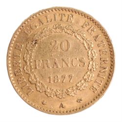 France 1877 gold twenty franc coin