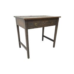 Early 19th century oak low-boy with later carving, the rectangular top carved with scrolls and stylised plant motifs, fitted with single drawer, on square supports with chip carved decoration