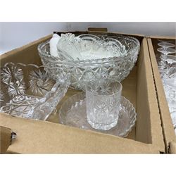 Seven boxes of glass to include sets of drinking glasses, decanters, vases, examples with etched decoration, bowls etc