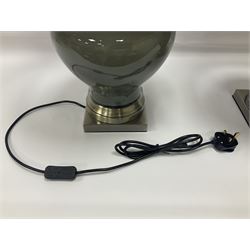 Pair of table lamps of squat baluster form, with a crackle glaze to a dark grey ground, upon a square base, including shade H57cm