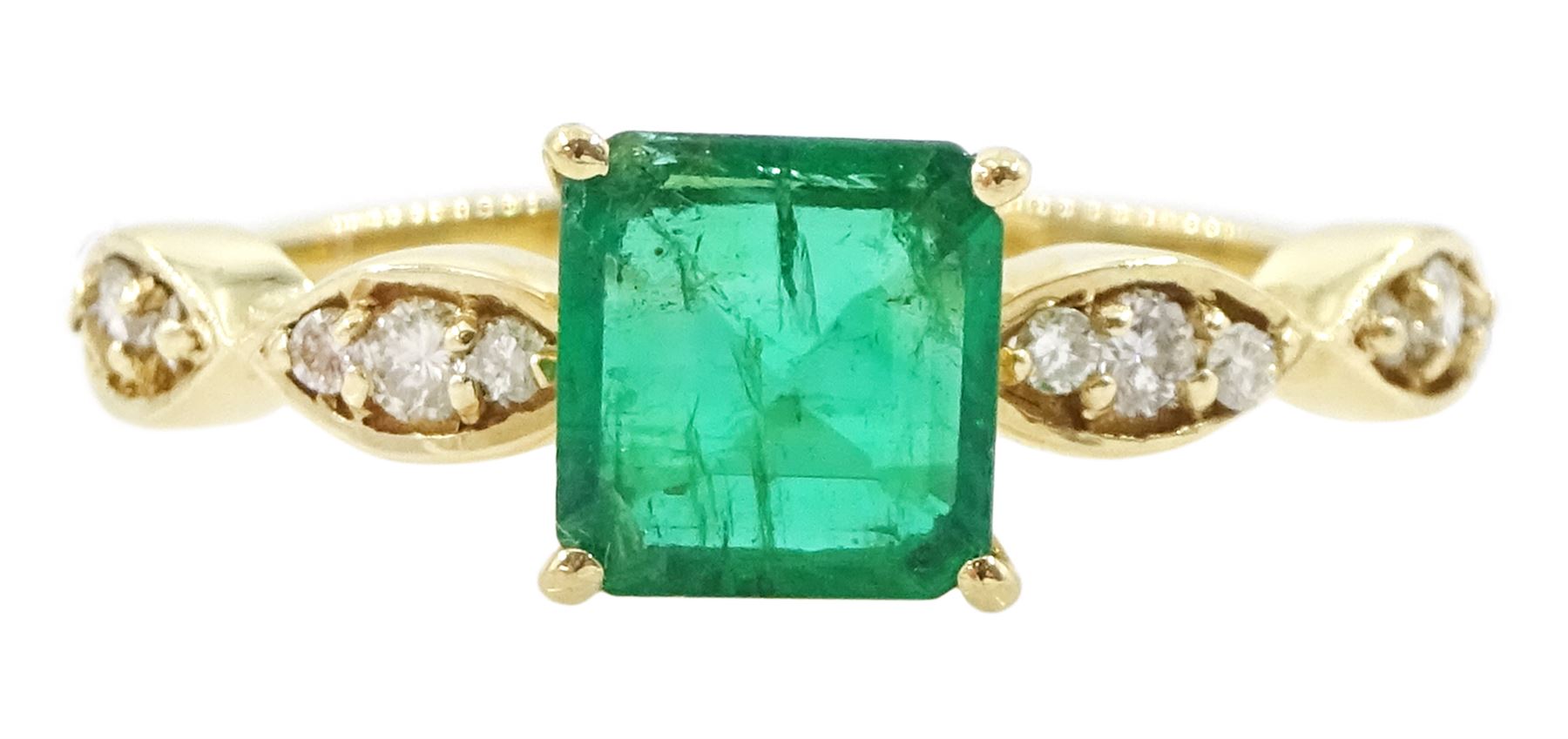 14ct gold square cut emerald ring, with round brilliant cut diamond shoulders, emerald approx 1.15 carat, total diamond weight approx 0.15 carat