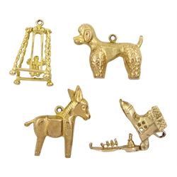 Four 9ct gold pendant/charms including articulated child on a swing, boot house, poodle dog and donkey, all hallmarked