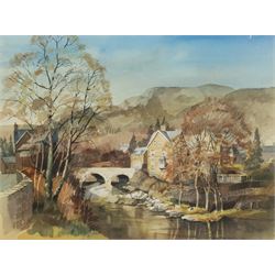 Alan Kirkpatrick (British 1929-): Welsh Village with River, watercolour signed and dated 1992, 39cm x 52cm