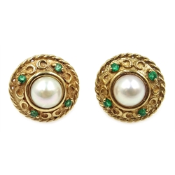  Pair of 9ct gold shield shaped, pearl and emerald earrings, hallmarked  