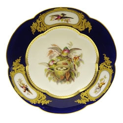  Mid Victorian Coalport shaped dessert plate hand painted with exotic birds guarding their nest, within three other bird painted cartouche shaped panels, by John Randall on cobalt blue ground, c1860, D24cm  Provenance Property of Bob Heath, Brandesburton Formerly of Ravenfield Hall Farm near Rotherham  