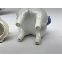 Japanese Hirado blue and white porcelain censer in the form of a Lion Dog, together with a Hirado porcelain shell shaped dish, centrally decorated with an exotic bird flanked by two roundels on floral scroll ground, censer H13cm