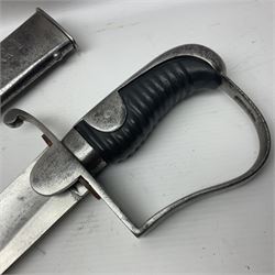 British 1796 Pattern Light Cavalry trooper's sword, the 84cm curving fullered blade stamped Hadley.1 to the back edge, steel hilt with knucklebow, D-shaped langets and leather grip; in polished steel scabbard stamped Osborn & Gunby Birmm. and W.R.16 ( ?16th Light Dragoons) with two suspension rings L100cm overall