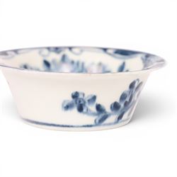 Lowestoft blue and white patty pan, circa 1765, the interior decorated with butterfly within floral border, with painters mark to inside of foot rim, H3cm D8cm
