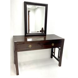 Hardwood console table, two drawers, square supports (W120cm, H80cm, D49cm) with mirror (W62cm, H82cm)