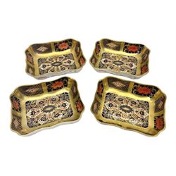 Four Royal Crown Derby Imari pin dishes, decorated in the 1128 pattern, with printed makers mark beneath, L9cm