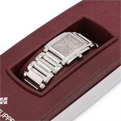 Patek Philippe Twenty~4 ladies stainless steel quartz wristwatch, sunburst grey dial with Roman numeral and diamond dot hour markers and diamond set case, on original bracelet, with fold-over clasp boxed