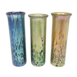 Three Isle of Wight vases of cylindrical form with fluted rim, decorated in Goldberry, Greenberry and Blueberry, each with original box H14cm