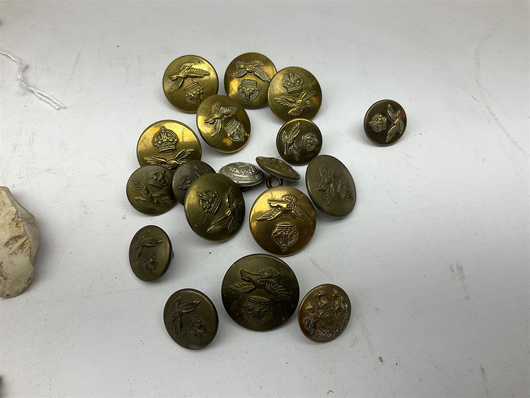 RAF buttons, WWII RAF dog tags, arrowhead flint and other flint and horn 