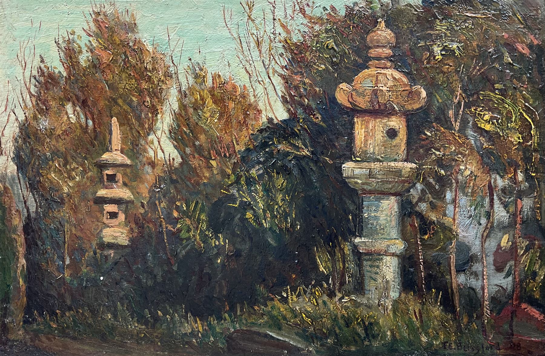 Frank Ernest Beresford (British 1881-1967): 'A Japanese Garden', oil on canvas signed and dated '08, titled and with further inscriptions verso 29cm x 45cm  