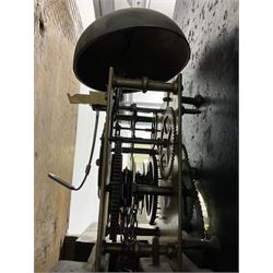 Michael Johnson of Barnard Castle (Yorks) - 30hr oak cased longcase clock c1820, with a swan necked pediment and central finial, break arch hood door flanked by turned pilasters, trunk with canted corners and a long door with a concave shaped top, on a rectangular plinth with a shaped base, painted dial with Arabic numerals, makers name, brass stamped hands and date aperture, countwheel striking, chain driven movement striking the hours on a bell.