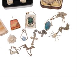 Silver jewellery, including hockey medal pendant, spider necklace, stone set pendants, cross pendant and a pair of Liberty cufflinks