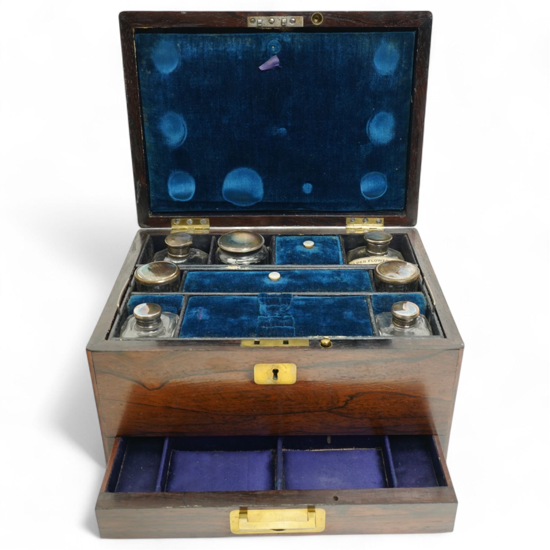 Victorian rosewood vanity box, the fitted interior containing various bottles and jars, the pin lifting to reveal lower drawer, H17cm x W28cm x D20cm
