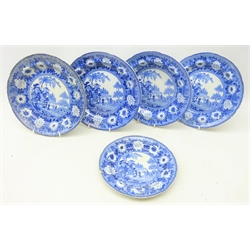  Set of four early 19th century Rodgers blue and white soup plates in the Zebra pattern, D24cm and smaller plate (5)  