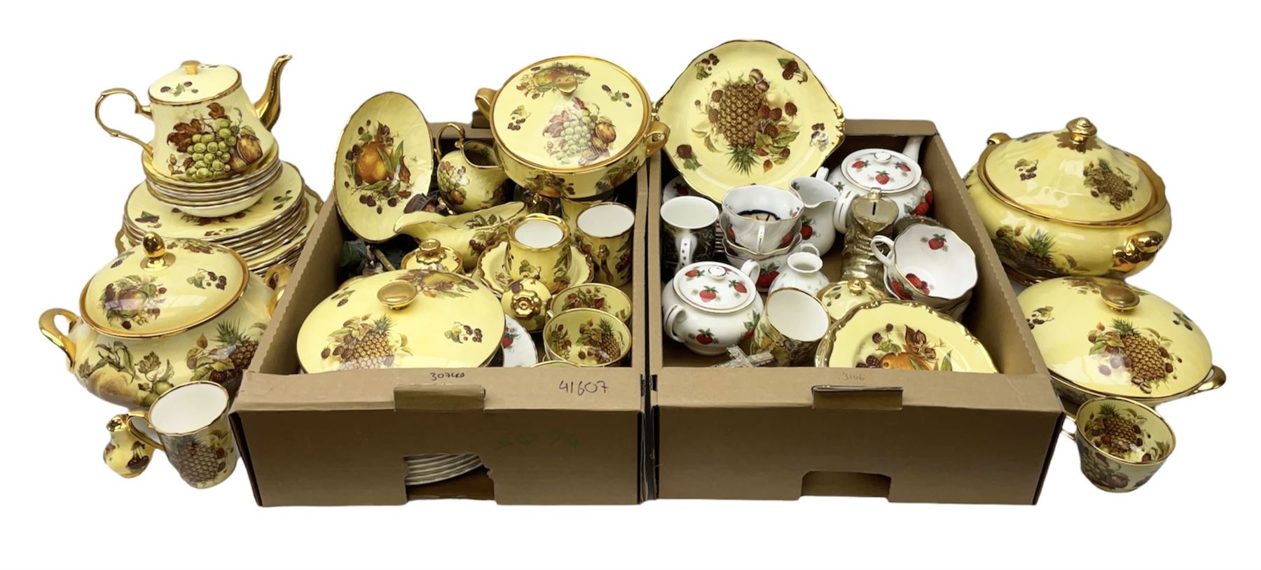 Canterbury tea and dinner service decorated with fruit on a yellow ground with gilt detail, together with Baroness tea service and other ceramics and collectables, in three boxes