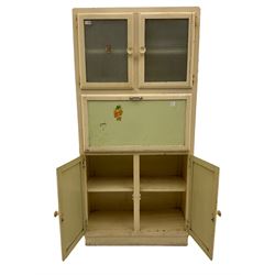 Mid 20th century painted kitchen cabinet, double cupboard over fall front, double cupboard below