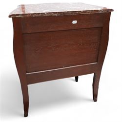 Early 20th century French walnut and rosewood marquetry bombe chest, shaped marble top over three drawers, each with gilt-metal cock-beading and handles, inlaid with overall floral decoration, flanked by gilt metal scrolling cartouche mounts and matching apron, on splayed supports