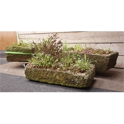  Three stone garden trough planters, W92cm, H29cm, D63cm  