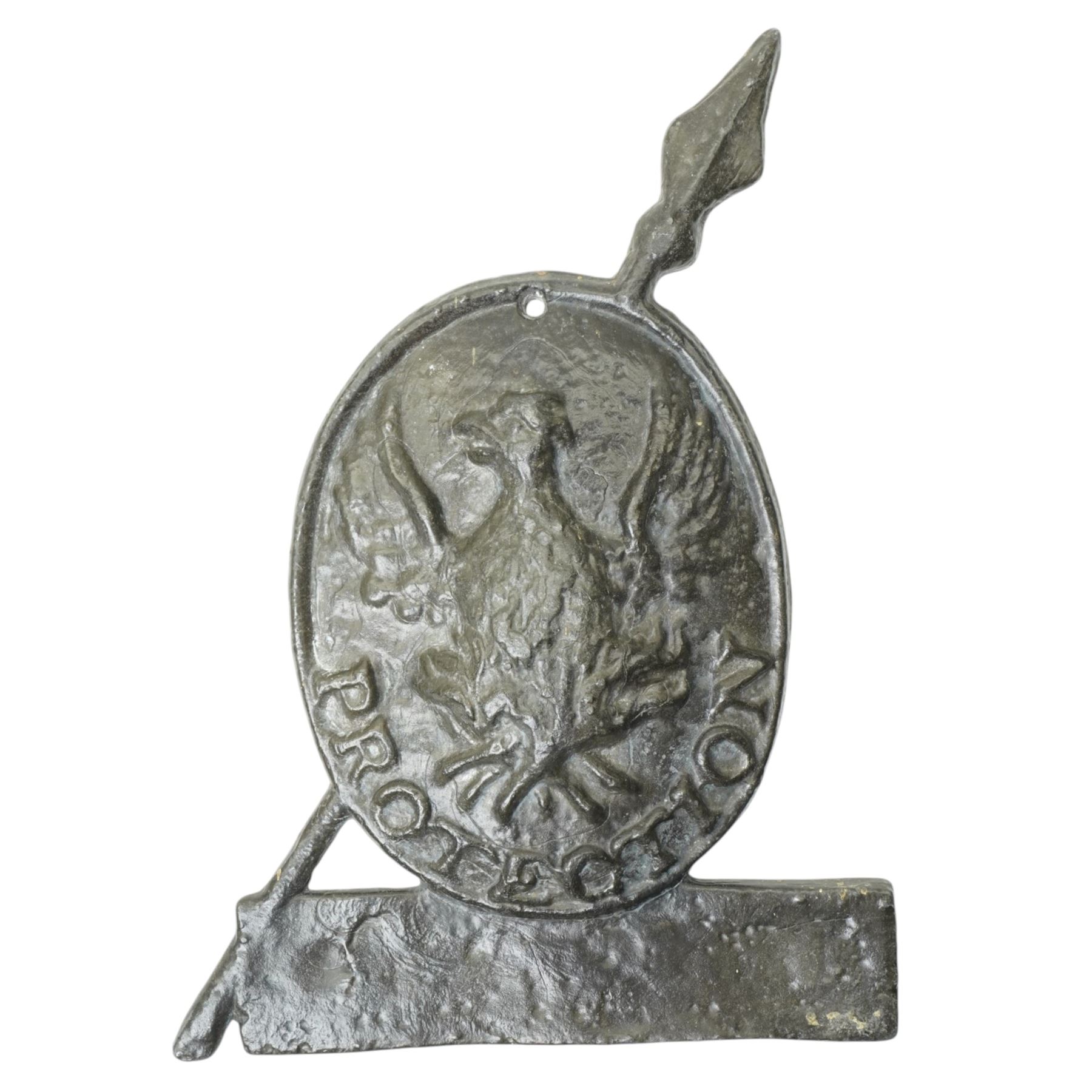  Lead fire mark marked 'Protection' and cast with a phoenix H26cm and a tin fire mark marked 'Guardian Eastern' (2)