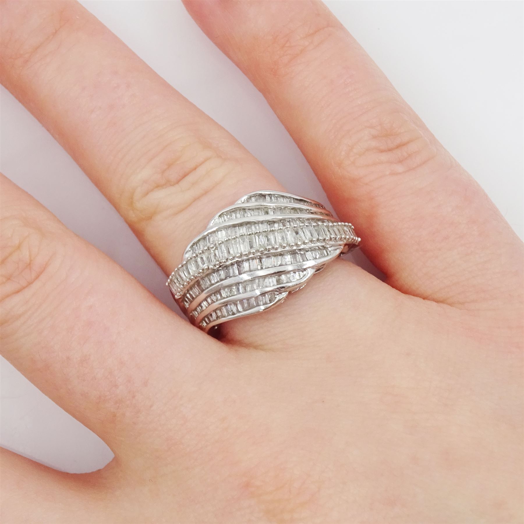 9ct white gold six row baguette cut diamond ring, hallmarked