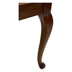 Late Victorian mahogany framed tub chair, rounded backrest with vertical splats and three carved oval medallions, upholstered seat in yellow patterned fabric, on cabriole supports