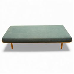 Contemporary blue fabric upholstered large footstool or dog bed, deep rectangular cushione...