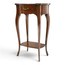 Small French inlaid marquetry and parquetry occasional table or bedside, the shaped top with raised moulded edge and chequered inlay top with crossbanding, fitted with single frieze drawer with gilt-metal handle, raised on cabriole supports united by undertier
